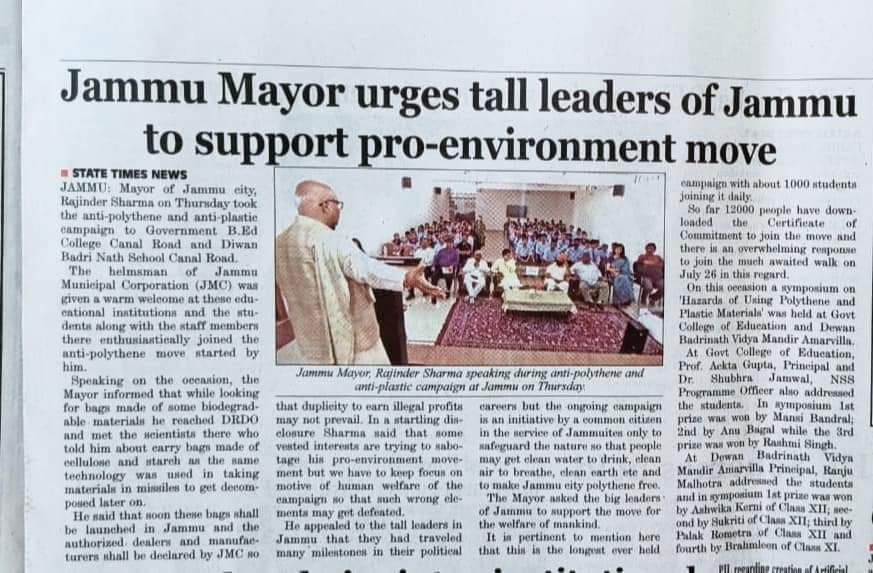 Movement on Say No to Polybags by Mayor Jammu